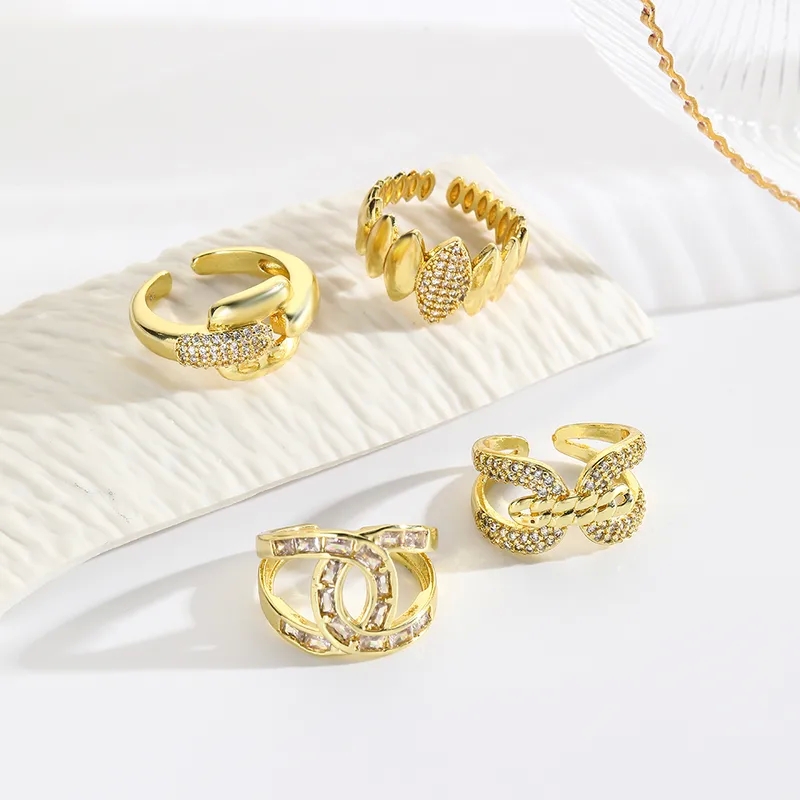 Custom Boho-Inspired Hand-Engraved Geometric Zircon Open Rings in 18K Gold Plated Copper