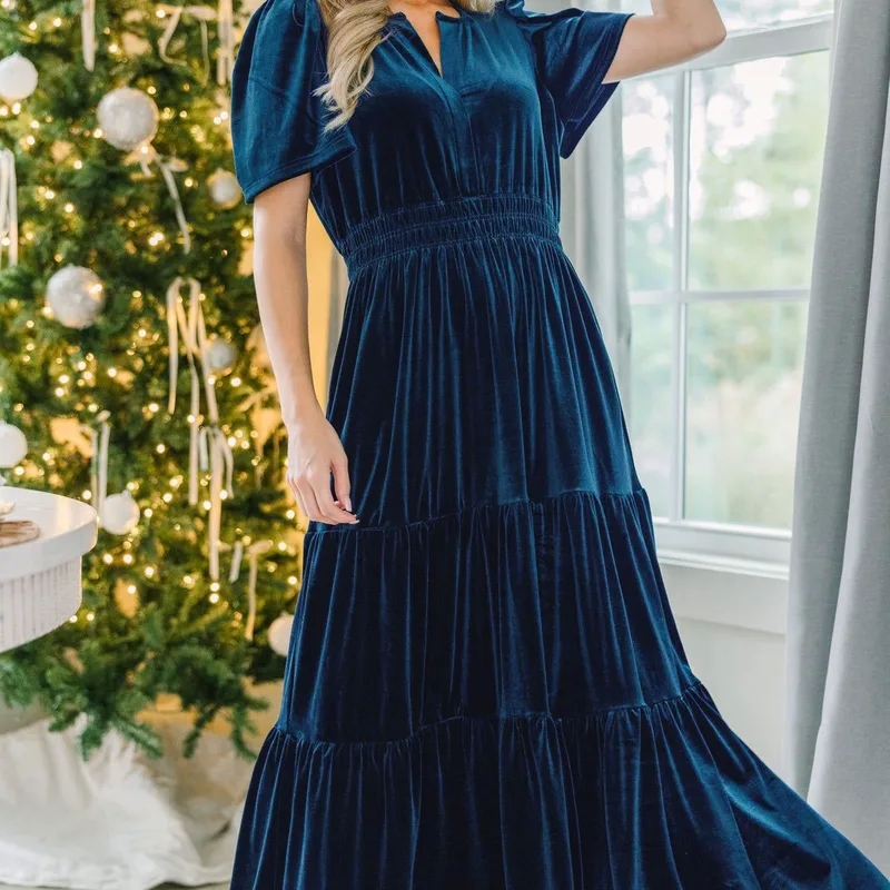 women's clothing fall Vintage Velvet V-Neck Short Sleeve Maxi women's clothing 30a Dress - Upcycled Edgy Elegance for Banquet or Cocktail Party women's xirena clothing