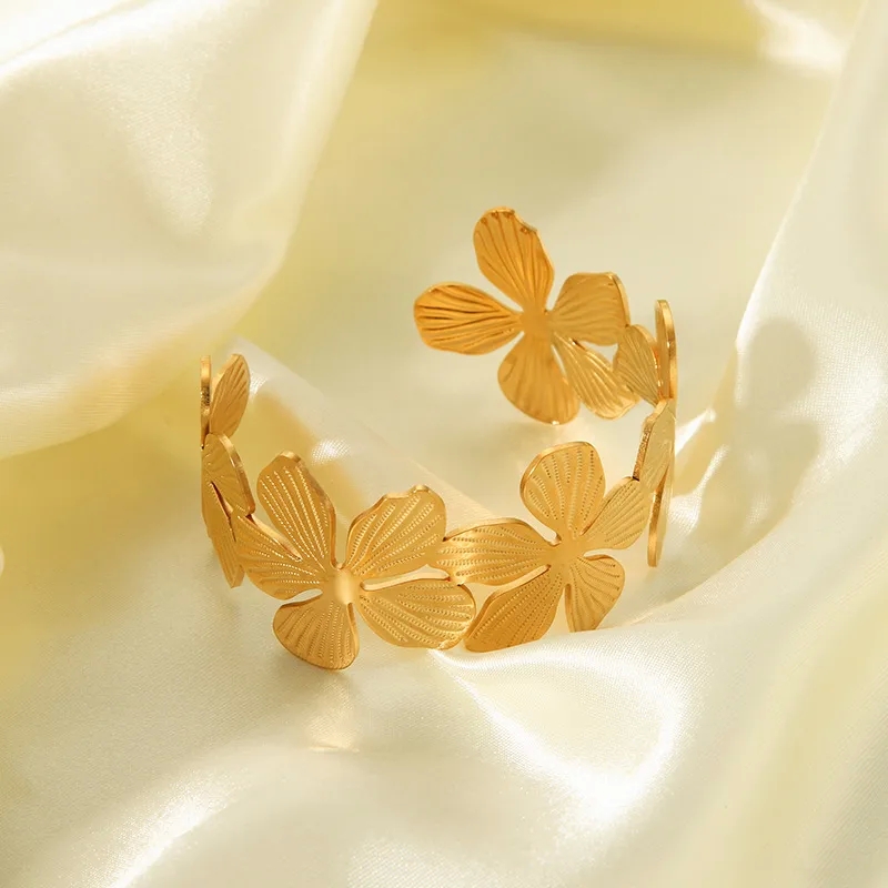 2025 fine jewelry trends Stylish 18K Gold-Plated Stainless 14k gold fine jewelry earrings Steel Floral Bangle: Glamorous & Affordable Fashion for Vacations fine jewelry zodiac signs