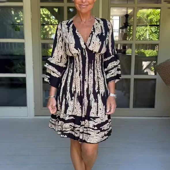 7x women's clothing Quick shop women's clothing near me Discounted Elegant Women's V-Neck Long Sleeve Printed Princess Dress - Perfect for Holidays & Daily Wear women's clothing vocabulary