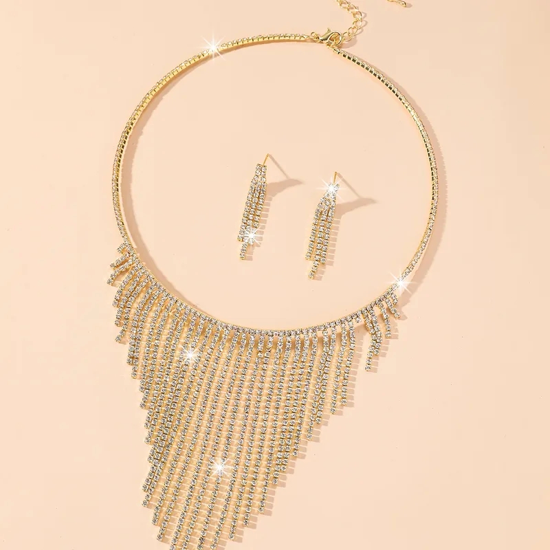 fashion jewelry hair clips Retro Luxe Rhinestone Tassel Earrings & Necklace Set 2023 fashion jewelry trends - Fast Craftsmanship kids fashion jewelry