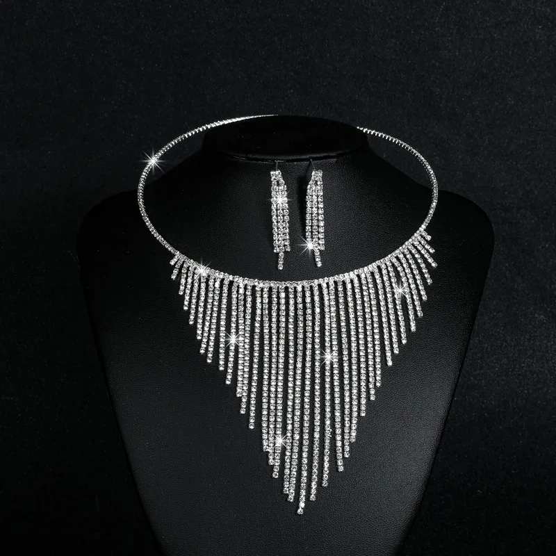 fashion jewelry online store Retro Luxe Rhinestone Tassel Earrings 1950s fashion jewelry & Necklace Set - Fast Craftsmanship men's fashion jewelry