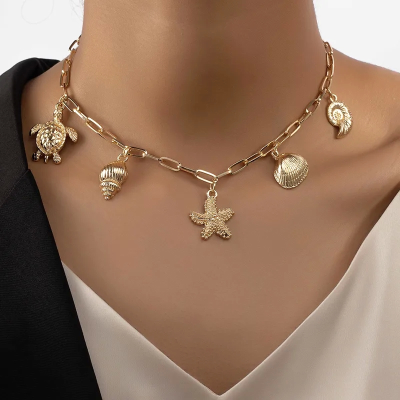 Vintage Charm Sustainable Starfish & Shell Pendant Necklace - Luxury Alloy Plating Women's Jewelry Piece