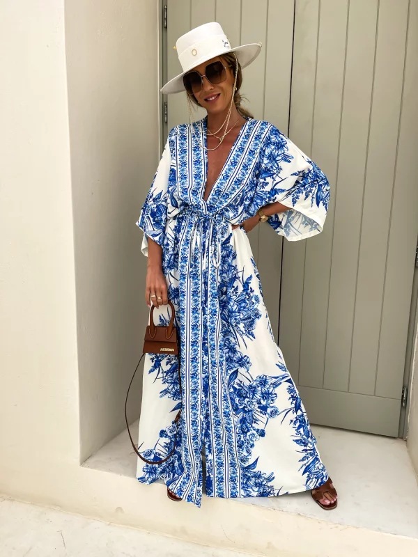 women's clothing under $10 Artisan Ethnic V-Neck Short joe fresh women's clothing Sleeve Maxi Dress - Luxury Handcrafted Elegance for Holiday Retreats 6x women's clothing