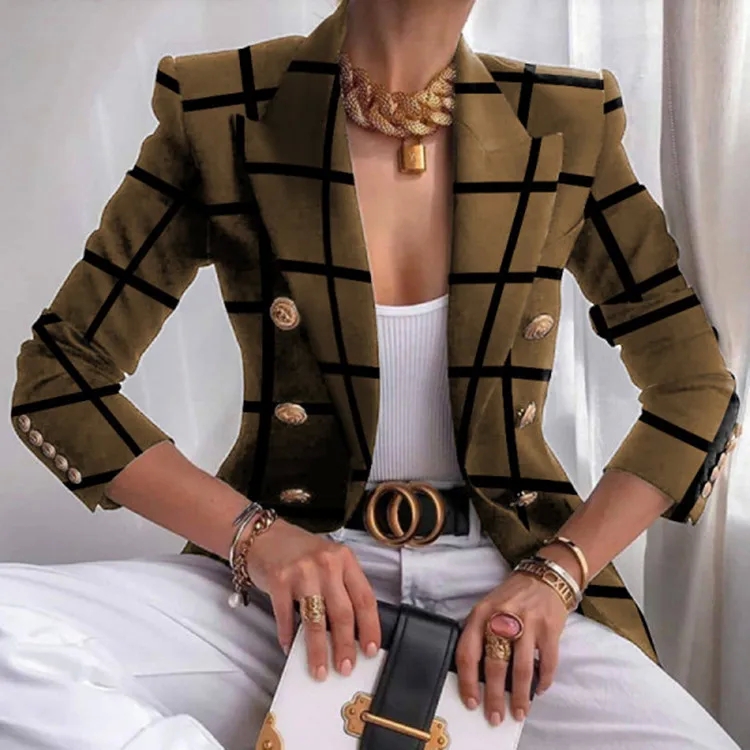 6x women's clothing "Trendy Modern Women's Glossy Patchwork Double-Breasted Blazer – Genuine Casual 50s women clothing Fashion Statement" women's clothing 40s