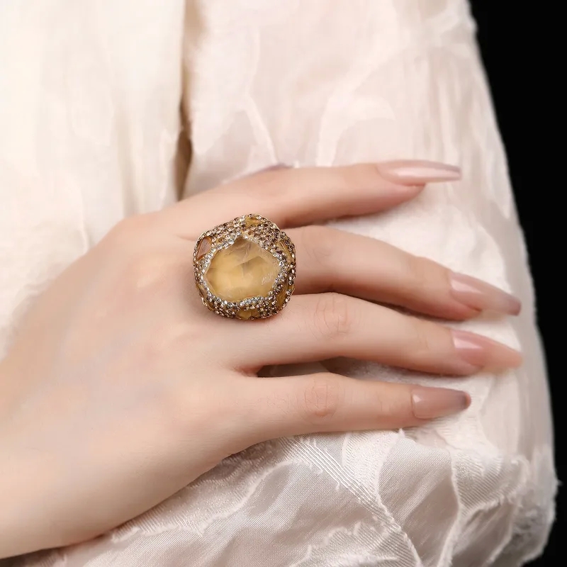 fine jewelry 14k gold "Minimalist Glam Handmade Asymmetrical Natural narcissus fine jewelry Stone Crystal 14K Gold Plated Open Ring for Women" no.3 fine jewelry photos