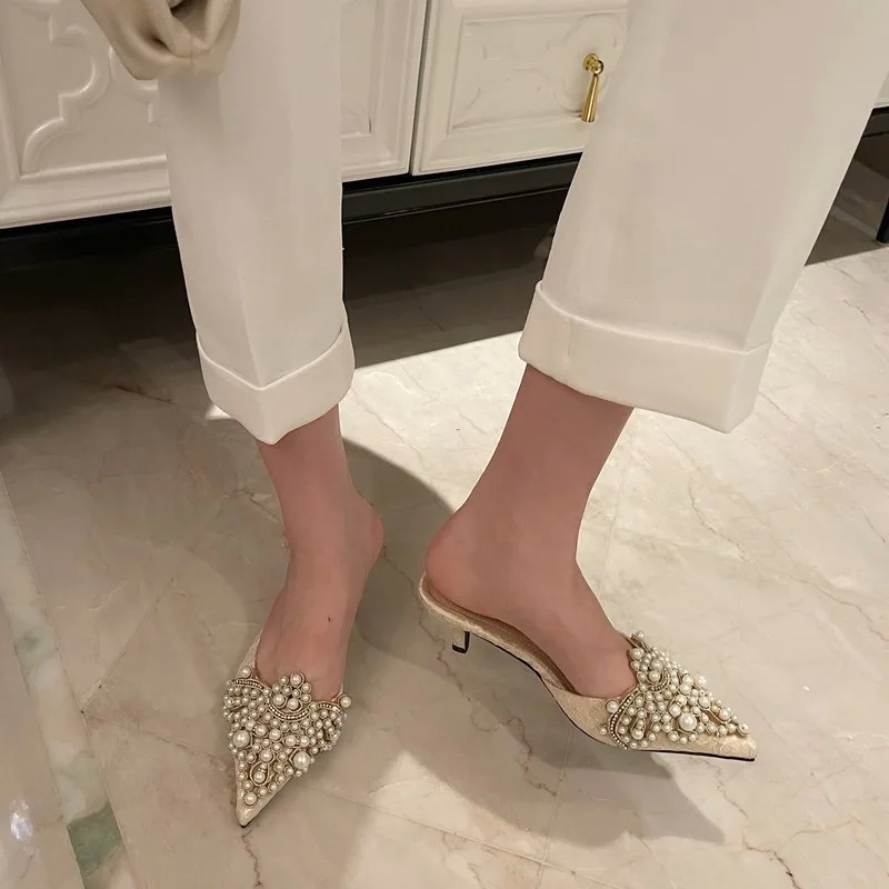 genuine "Limited Stock Bold Recycled Lightweight boho chic Stiletto Beaded Sandals & Slippers – Mid-Heel Muller Shoes" adjustable