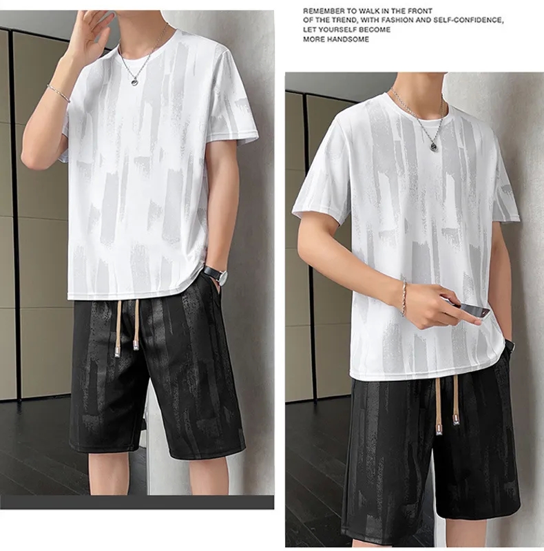 women's xersion clothing Refined Elegance Upcycled Men's Summer Ice Silk Quick-Dry Crewneck T-Shirt & Tailor-Made Five-Point zimmerman women's clothing Pants Set ralph lauren women's clothing
