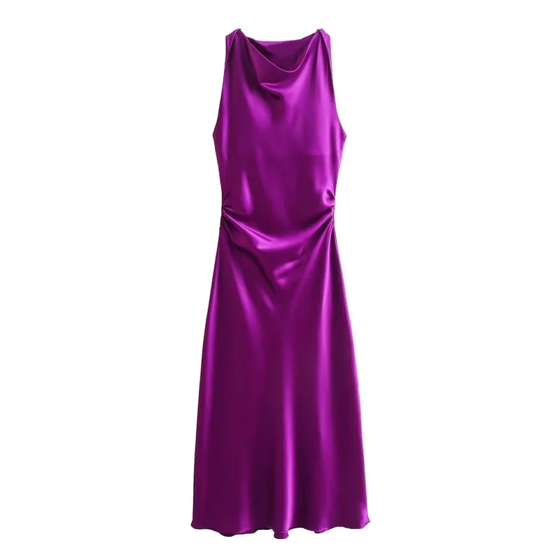 16th century women's clothing Luxury Glossy Women's Solid Color Maxi Dress - Gift-Ready Round Neck Pleated women's clothing jefferson city mo Sleeveless Streetwear Holiday Dress women clothing brands