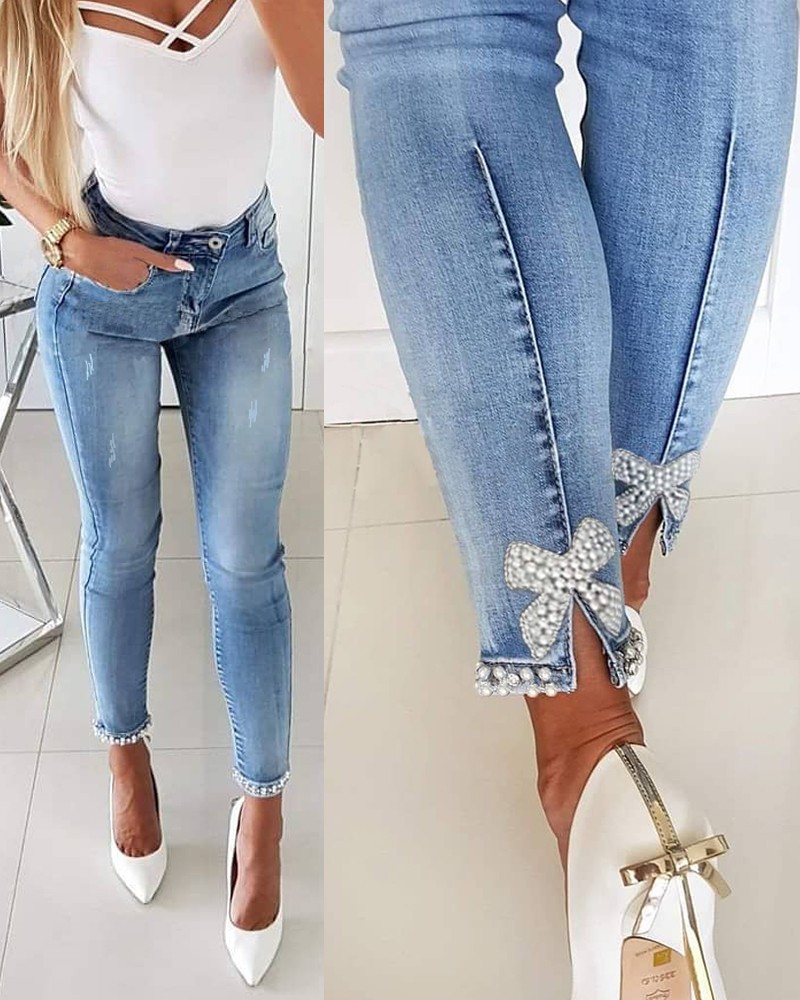 farmers women's clothing Wholesale Women's Vintage-Inspired Solid Color Bow Knot Jeans – Romantic Party Wear, Exclusive Casual 98 degrees women's clothing Style 20th century women's clothing