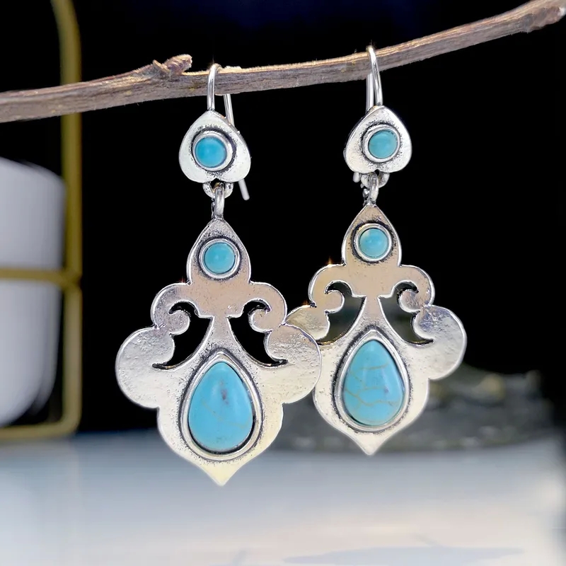 Vintage Shiny Turquoise Silver Plated Water Drop Earrings – Sparkling Retro Dangle Jewelry for Women