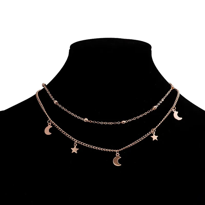 fashion jewelry greece "Trendy Hand-Engraved Star Moon fashion jewelry zegarek Layered Pendant Necklace – Personalized Gift-Ready Alloy Jewelry" fashion jewelry wholesale suppliers
