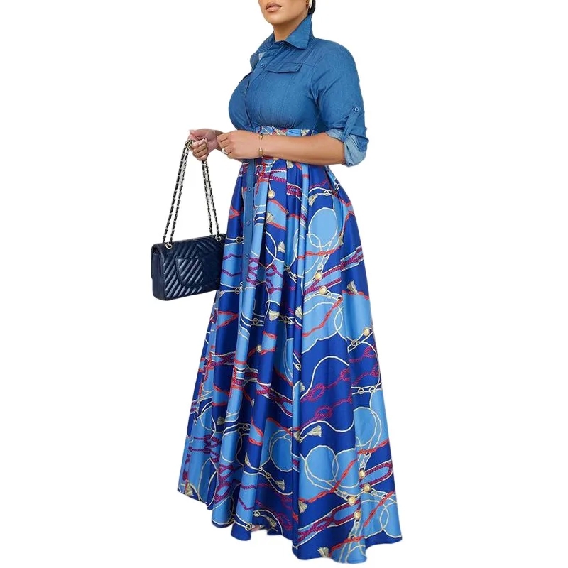 jigsaw women's clothing Wholesale Women's Matte A-Line Skirt Dress farmers women's clothing sale with Bold Print Shirt Collar and Statement Nine-Point Sleeves x small women's clothing