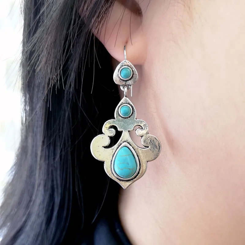 korean fashion jewelry wholesale "Vintage Shiny Turquoise Silver fashion jewelry at wholesale Plated Water Drop Earrings – Sparkling Retro Dangle Jewelry for Women" fashion jewelry 2028
