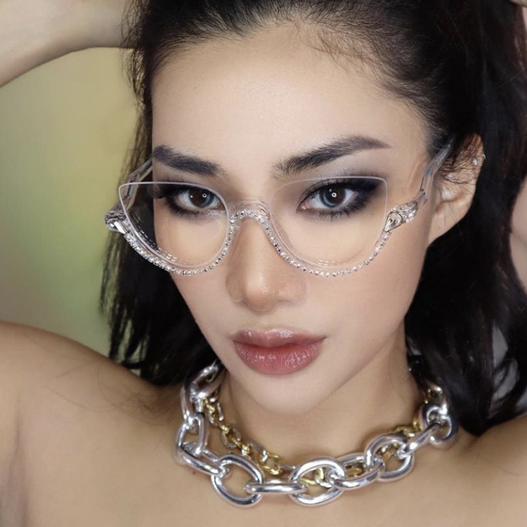polished finish Wholesale High-Quality high-end Women's Fashion Statement Waterproof Acrylic Diamond Half-Frame Glasses with Polished Finish limited-time