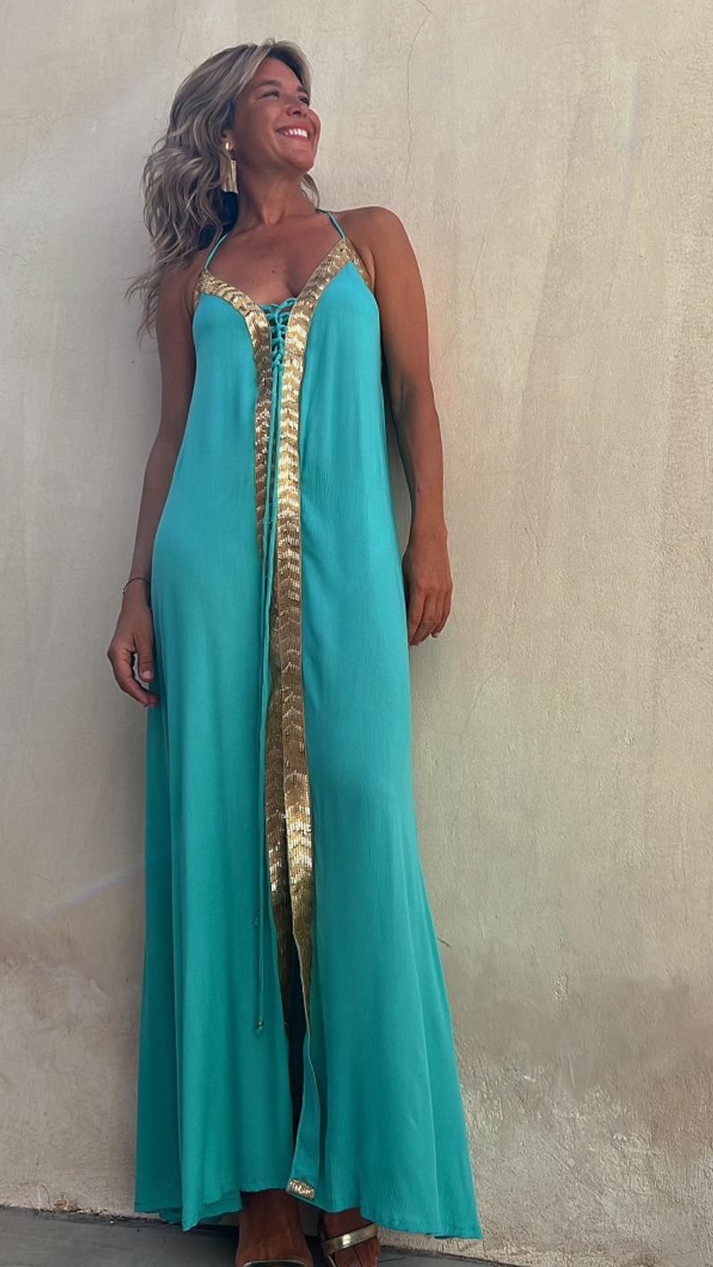 resale women's clothing near me Eco-Friendly Women's Edgy Halter Neck Patchwork Maxi Dress – Statement women's clothing list Piece for Casual Vacation Elegance macy's women's clothing