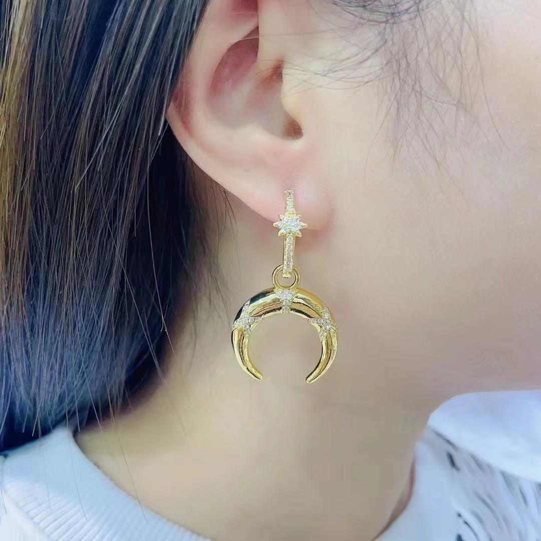 roberts fine jewelry Eco-Friendly Dainty Moon Drop Earrings: Copper-Plated Zircon, 18K Gold, yadira's fine jewelry Heritage-Inspired Craftsmanship fine jewelry hoop earrings