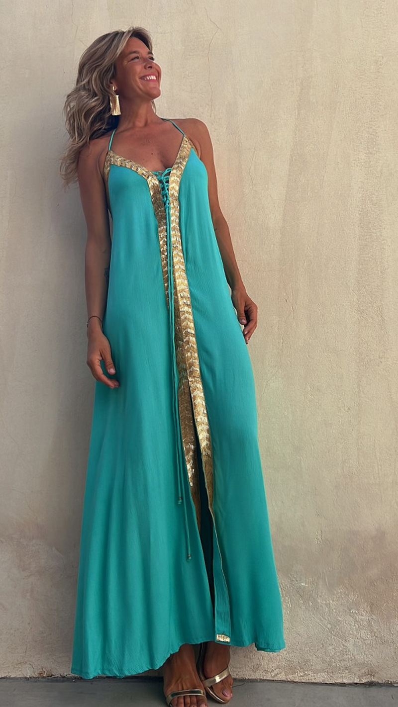 van heusen women's clothing outlet Eco-Friendly Women's Edgy Halter Neck Patchwork Maxi Dress – Statement Piece women's clothing york for Casual Vacation Elegance women's clothing 1800s