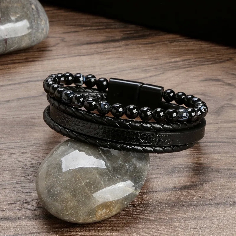 what jewelry did men wear in the 70s "Bespoke Vintage-Inspired Upcycled PU Leather & uk men's jewelry Agate Beaded Men's Bangle – Classic Solid Color Design" cheap men's jewelry