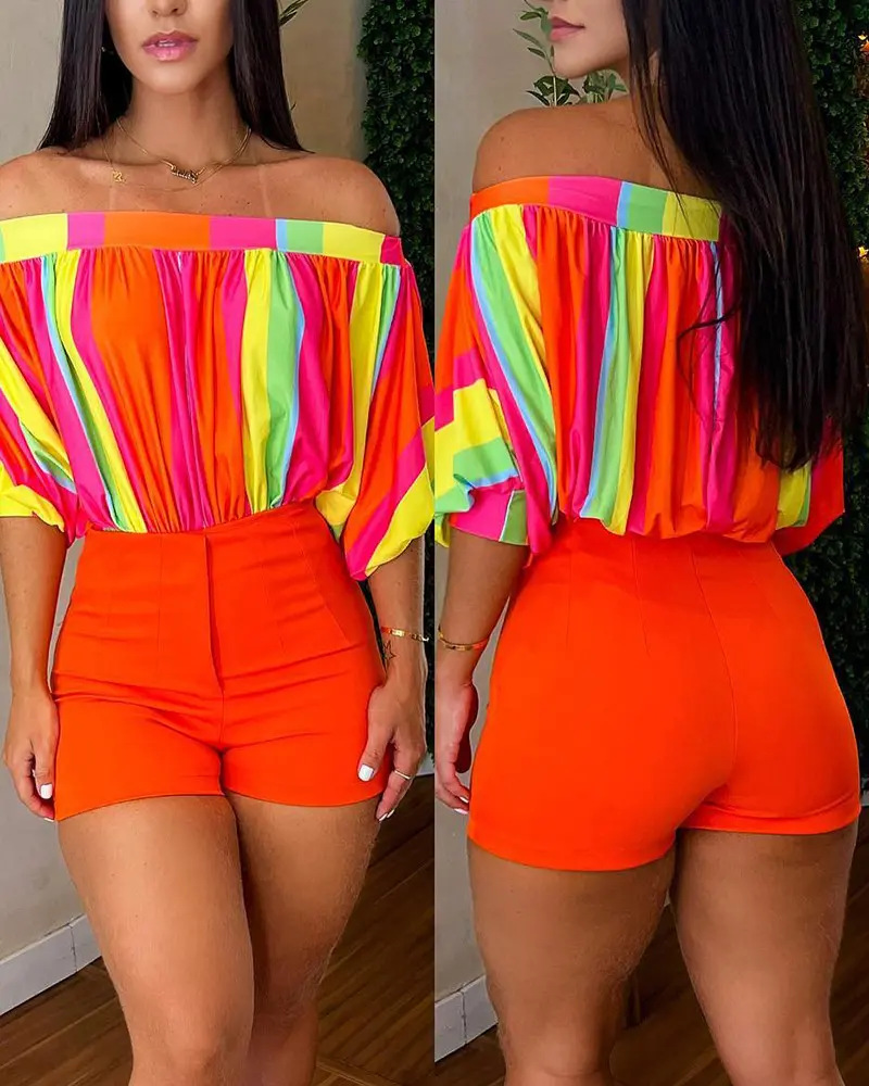 women's clothing drop off near me Rustic Refined Women's Casual Stripe Floral women's clothing plus size online Polyester Shorts Set – Sleek & Stylish jcpenney women's clothing