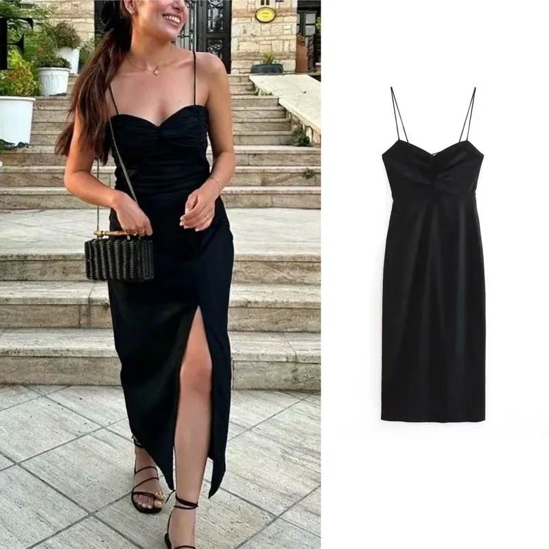 Chic Women's Sleeveless Midi Dress - Stylish Earthy Pleated Straps for Casual Holiday Wear