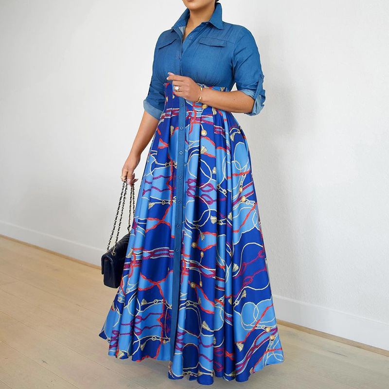 women's clothing nearby Wholesale Women's Matte A-Line Skirt Dress with Bold Print, Shirt Collar, and Statement Nine-Point women's clothing ralph lauren corporation Sleeves 3x size women's clothing
