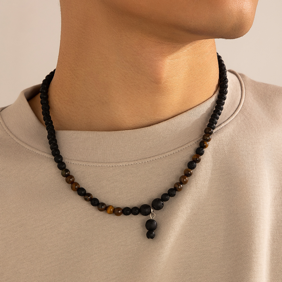 best men's jewelry websites Handmade Retro Geometric Lava Rock Tiger Beaded Pendant Necklace nyc men's jewelry – Glamorous & Vibrant Men's Fashion Statement men's jewelry gift ideas