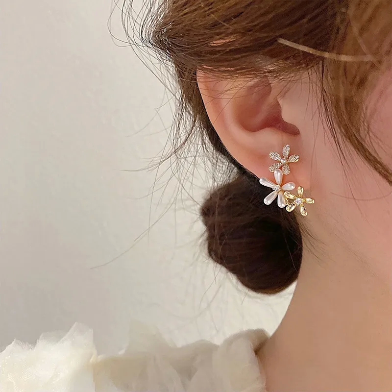 Handcrafted High-Fashion Zircon Pearl Flower Earrings - Scratch-Resistant Alloy Design, Wholesale