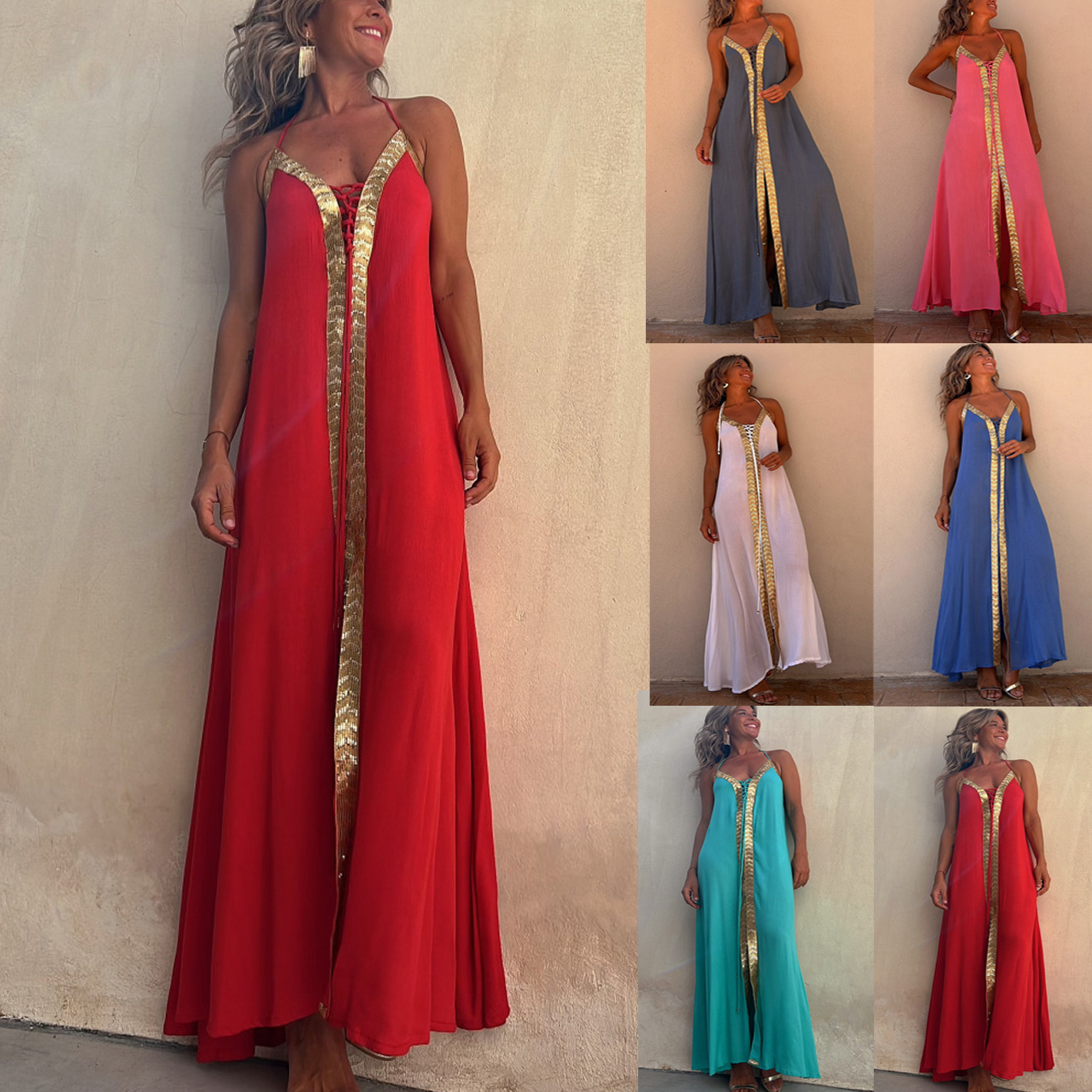 professional women's clothing Eco-Friendly northstyle women's clothing Women's Edgy Halter Neck Patchwork Maxi Dress – Statement Piece for Casual Vacation Elegance women's clothing 80s