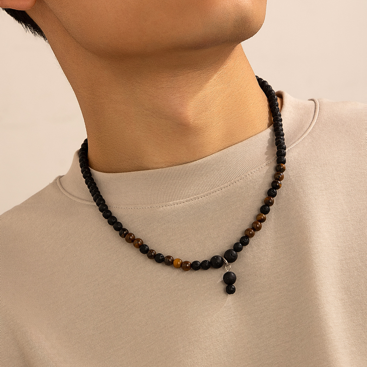 what is a 3 piece jewelry set called Handmade Retro Geometric Lava Rock Tiger Beaded Pendant Necklace – Glamorous men's jewelry kelowna & Vibrant Men's Fashion Statement men's jewelry venice