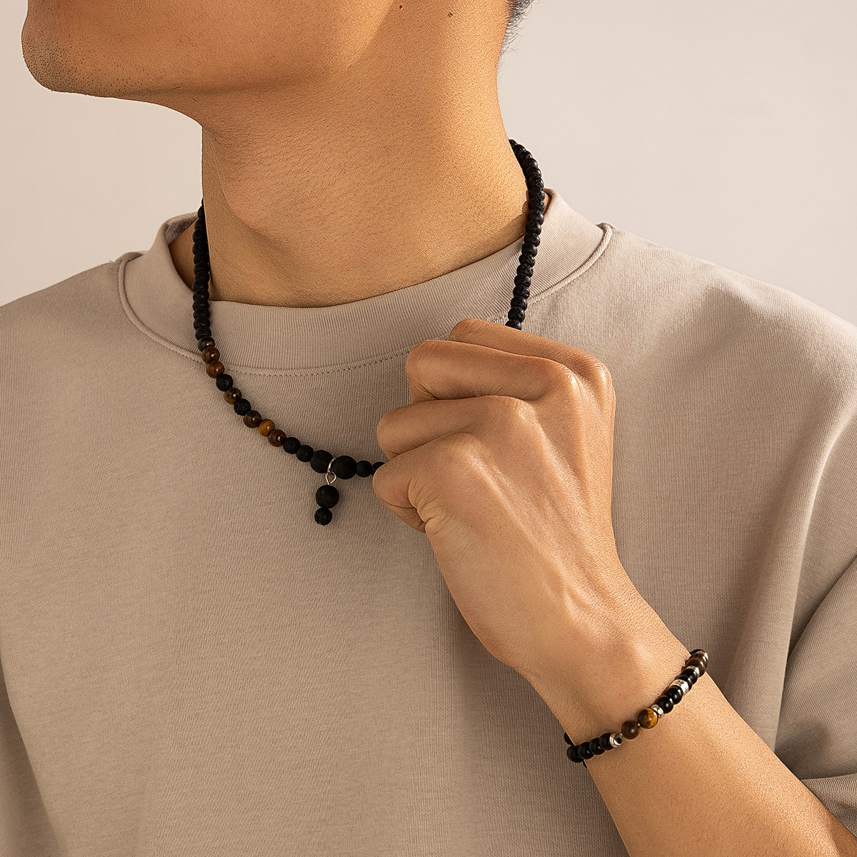 luxury men's jewelry brands Handmade men's jewelry canada Retro Geometric Lava Rock Tiger Beaded Pendant Necklace – Glamorous & Vibrant Men's Fashion Statement fine men's jewelry
